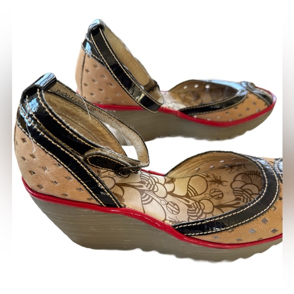 Fly London Shoes - Fly London Ydel Tan/Black/Red Perforated Leather Peep Toe Wedges Size 38